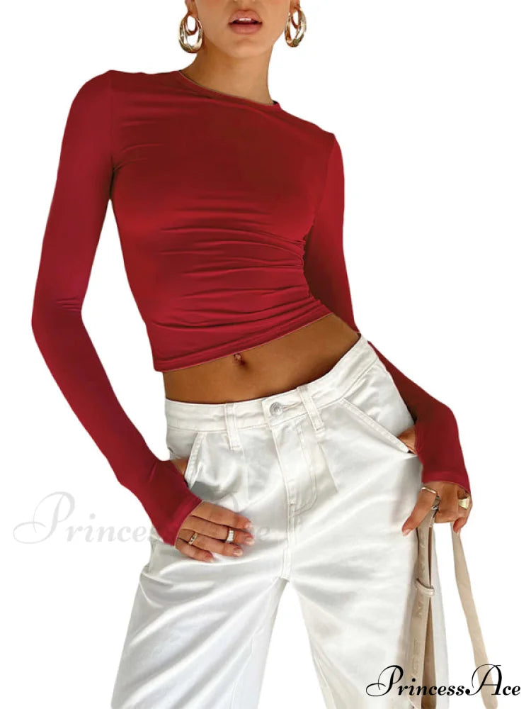 Women's solid color bottoming round neck T-shirt hot girl slimming long-sleeved top T-shirt Red clothes long sleeve long sleeve shirt long sleeve shirts long sleeve top long sleeve tops shirts tops Tops/Blouses