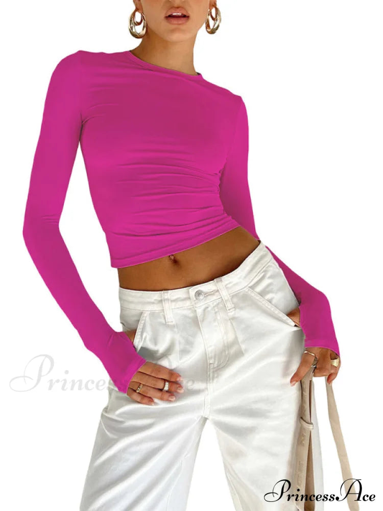 Women's solid color bottoming round neck T-shirt hot girl slimming long-sleeved top T-shirt Rose clothes long sleeve long sleeve shirt long sleeve shirts long sleeve top long sleeve tops shirts tops Tops/Blouses