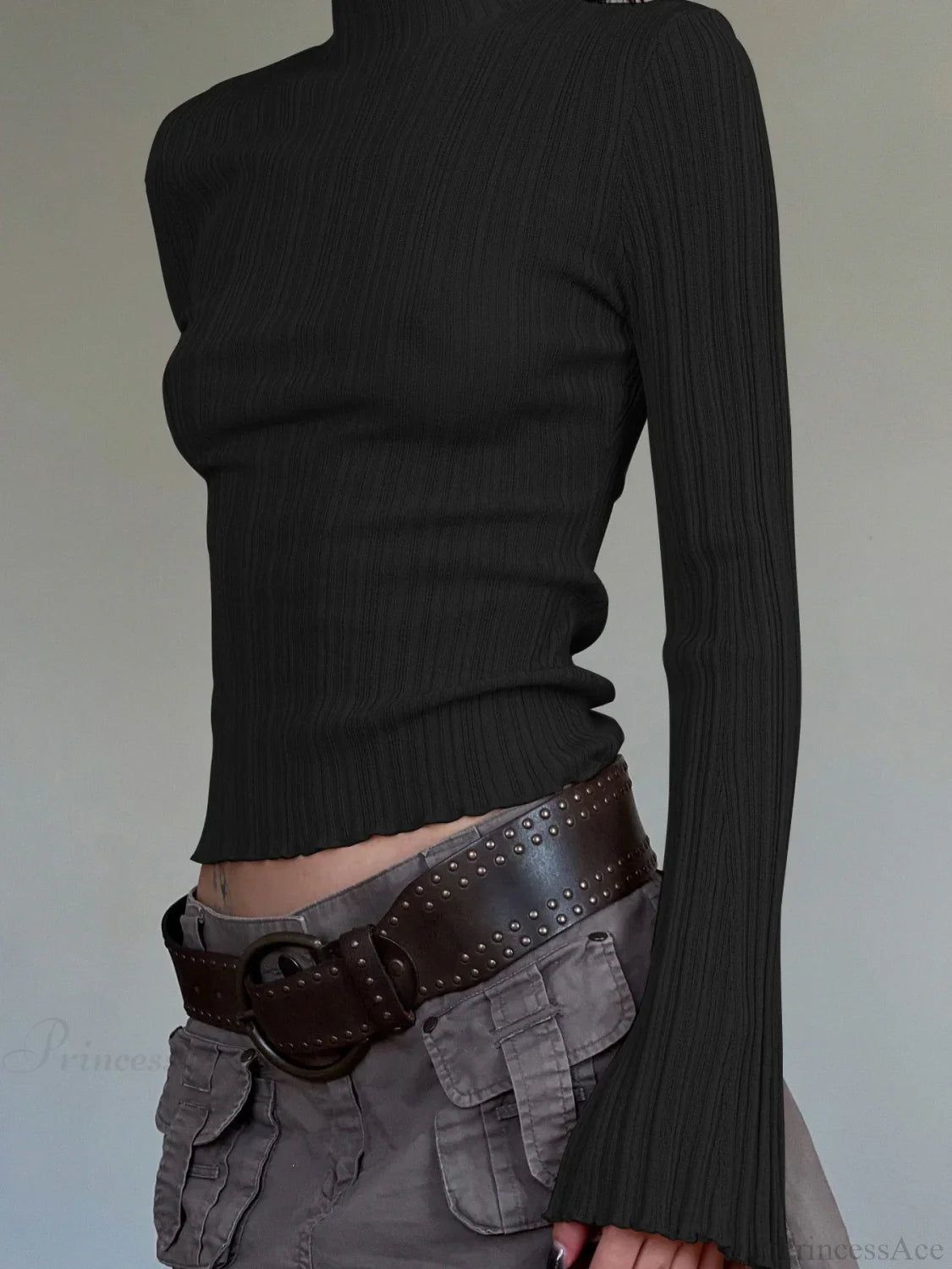 Solid Turtleneck Slim Flare Sleeve Long Sleeve Knit Top knittop-250126