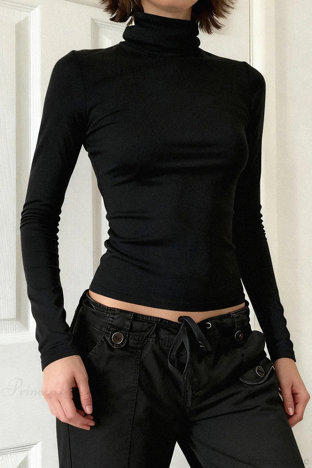 Solid Turtleneck Slim Minimalist Long Sleeve Tee Black / S
