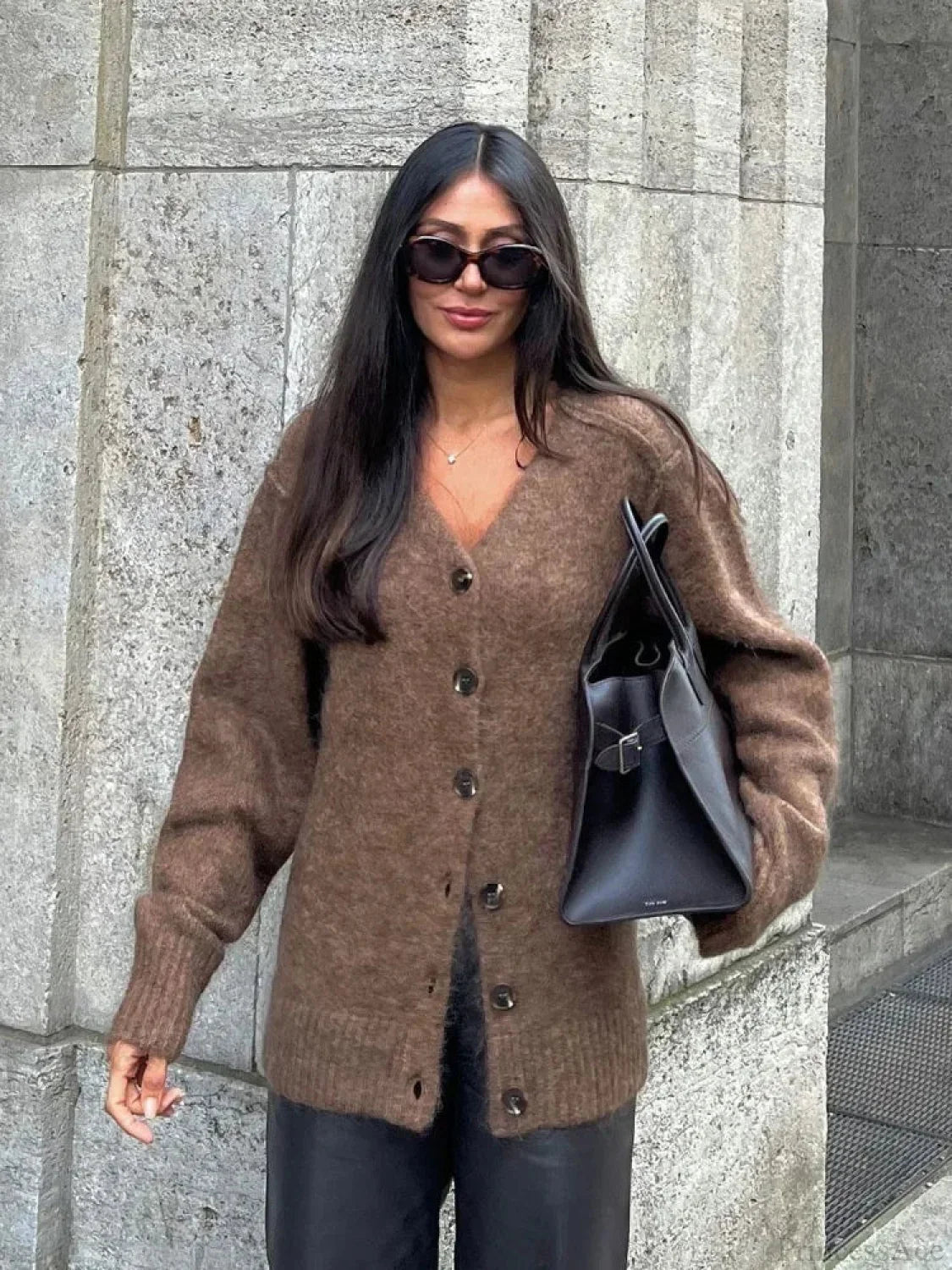 Solid V-neck Mohair Loose Cardigan