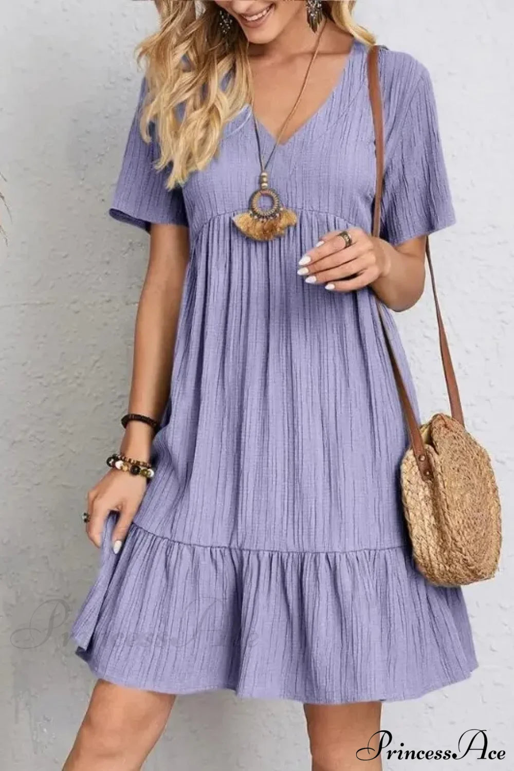 Solid V-Neck Short Sleeve Ruffles Boho Dress