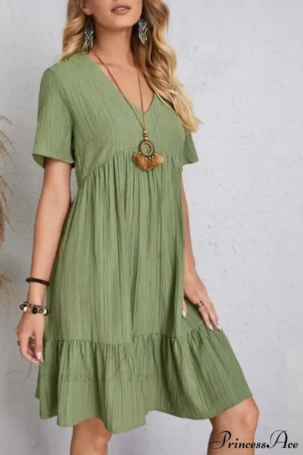 Solid V-Neck Short Sleeve Ruffles Boho Dress Green / S
