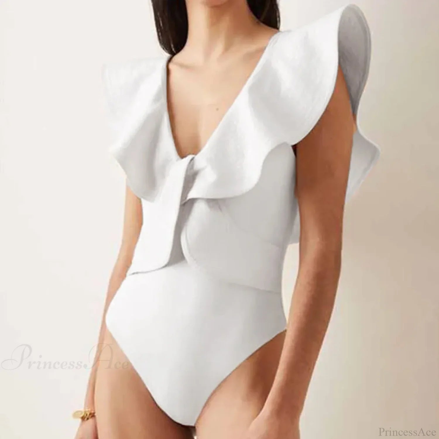 Solid V-Neck Slim Fit Swimsuit One Piece Ivory / S onepiece-250223