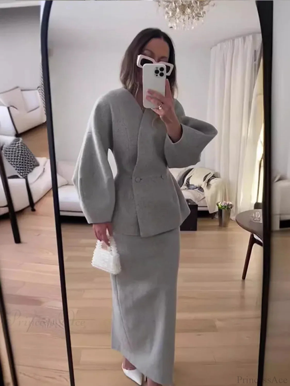 Solid V-neck Wool Blends Coat Grey / S