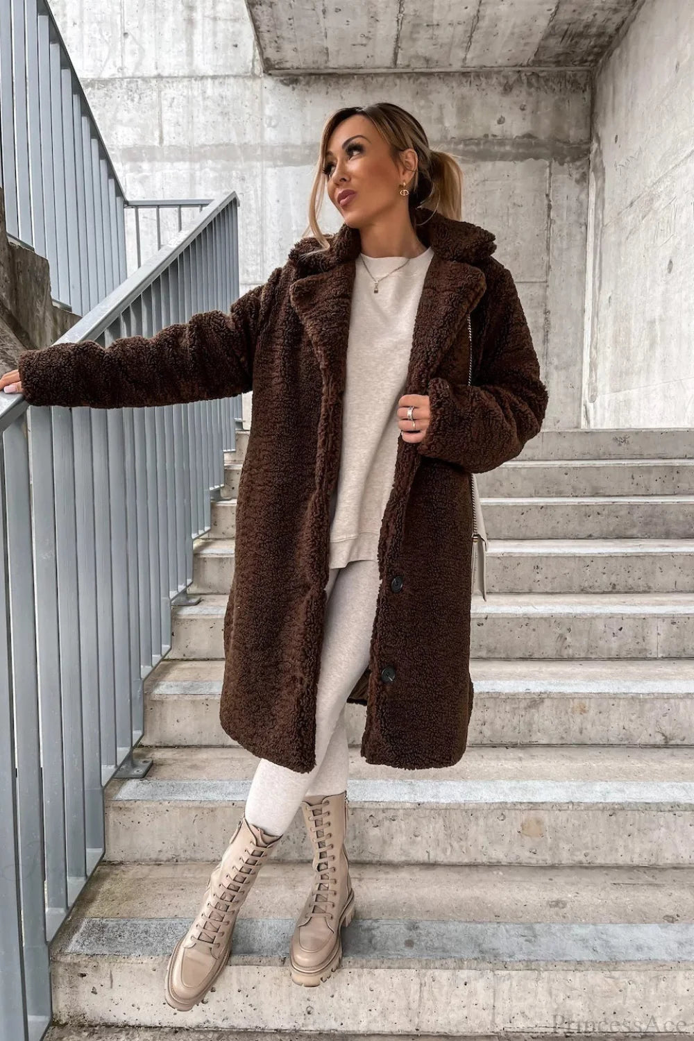 Solid Warm Faux Fur Lapel Overcoat