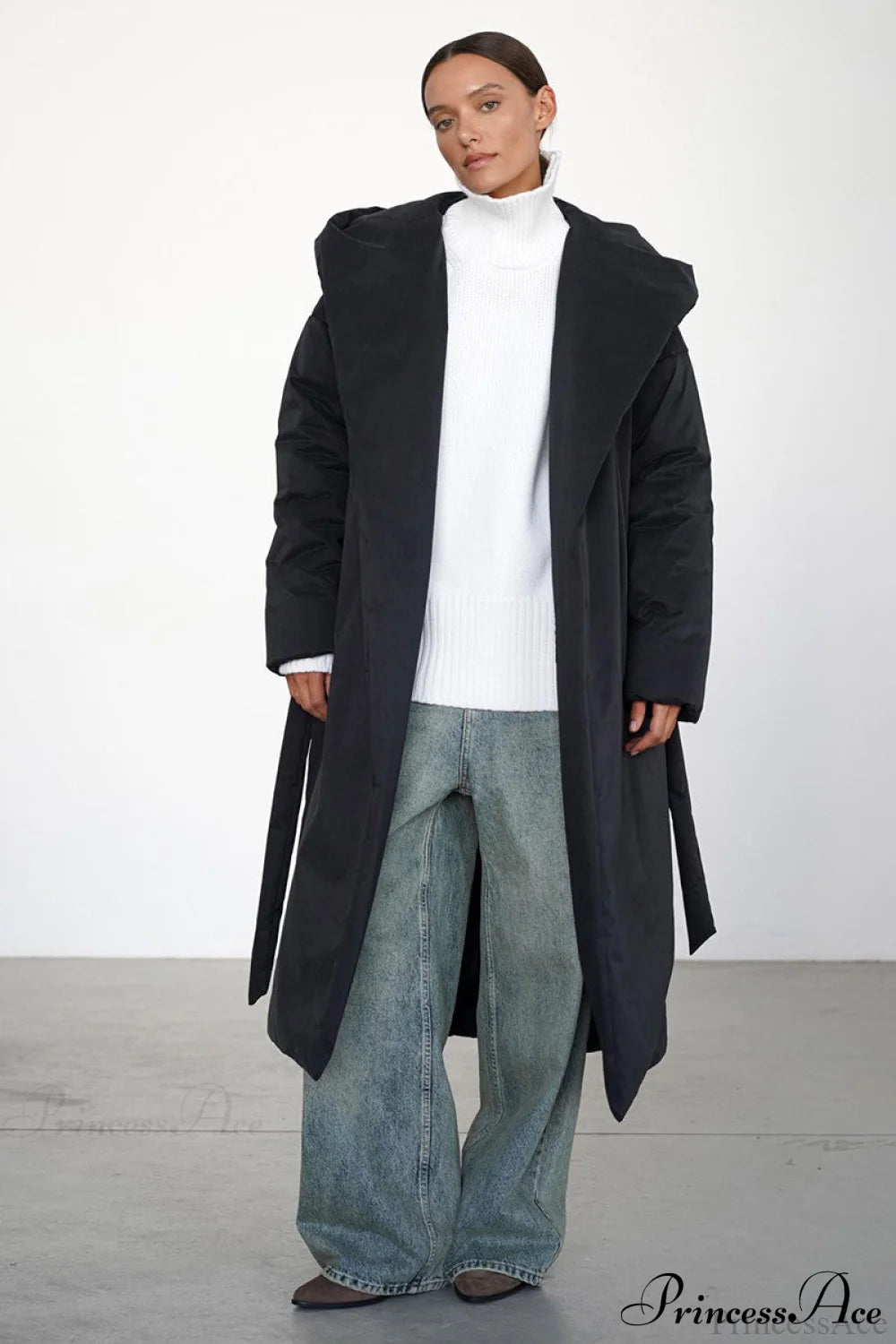 Solid Warm Long Hooded Belted Cotton Puffer Overcoat Black / S