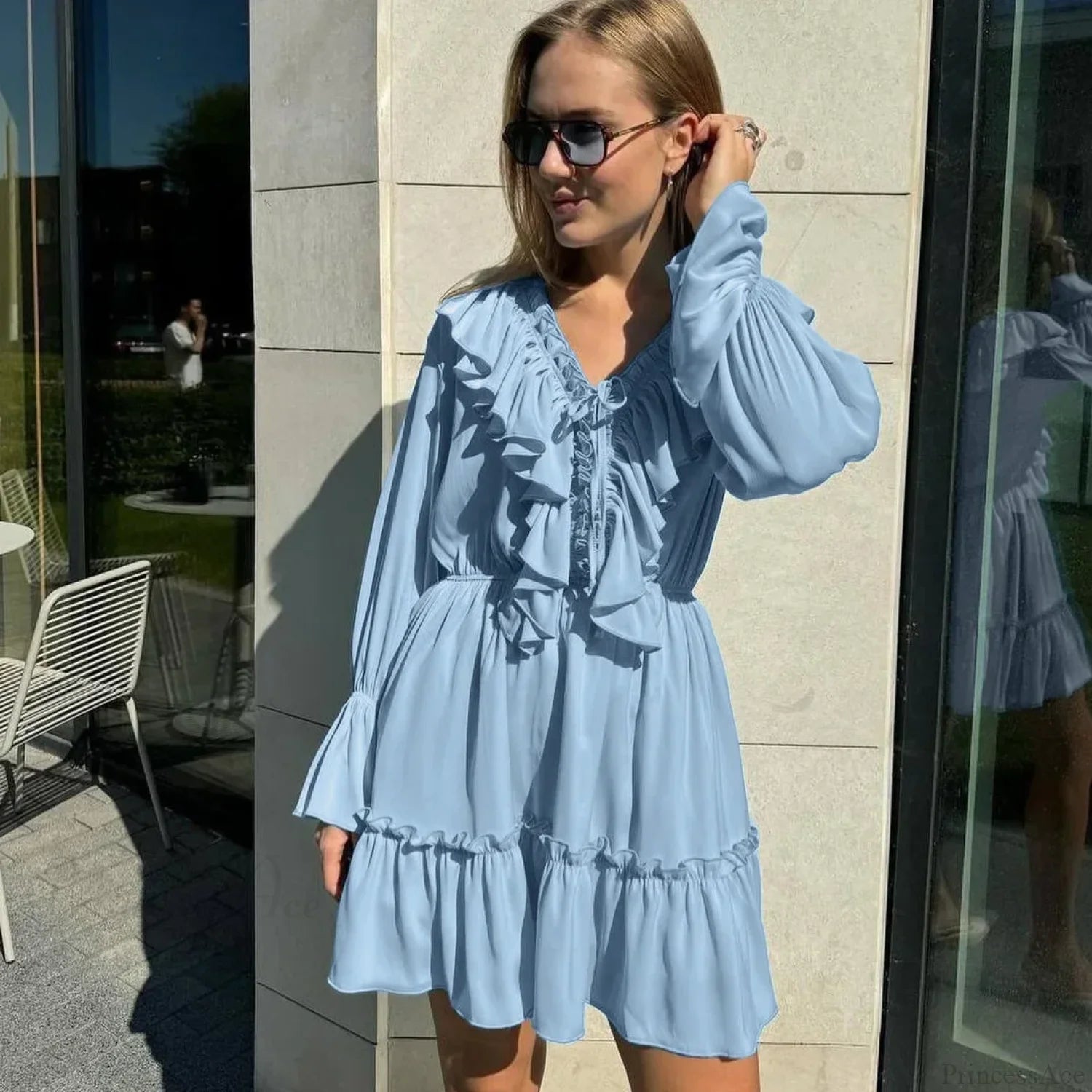 Solid White Cotton Rayon Long Sleeve Ruffle Dress Blue / S bohodress-250126