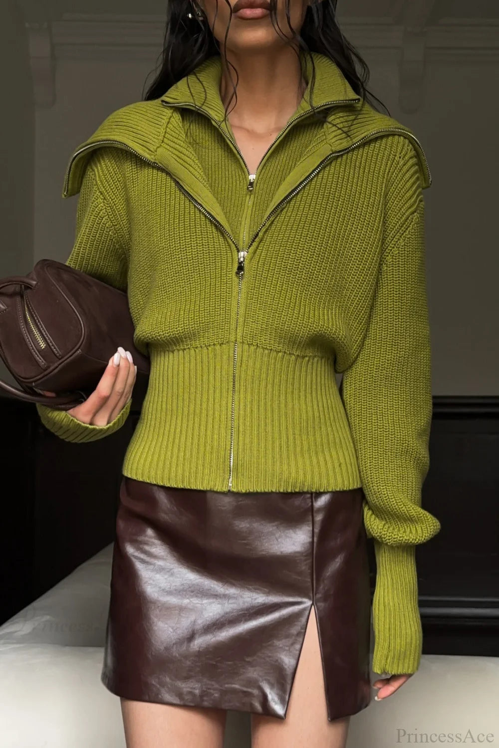 Solid Zip Fitted Waist Fake Cardigan