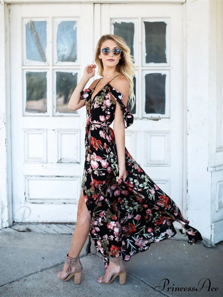 Spaghetti-Neck V-Neck Maxi Dress With Print L / Black Dresses