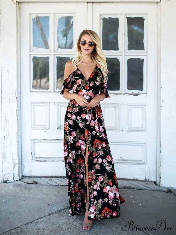 Spaghetti-Neck V-Neck Maxi Dress With Print L / White Dresses