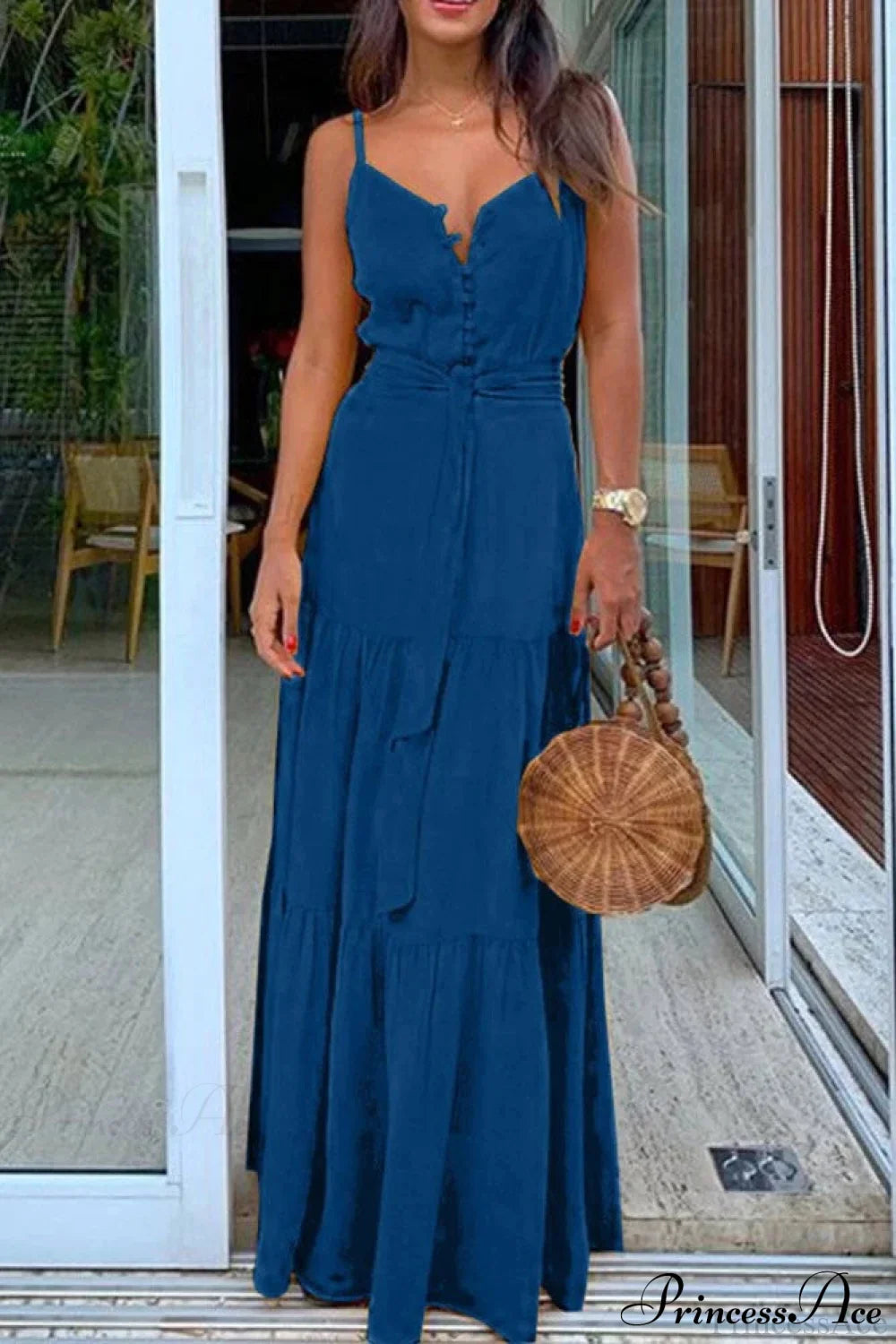 Spaghetti Strap Button Bandage Maxi Dress S / Yellow Causal Yellow Maxi Dress