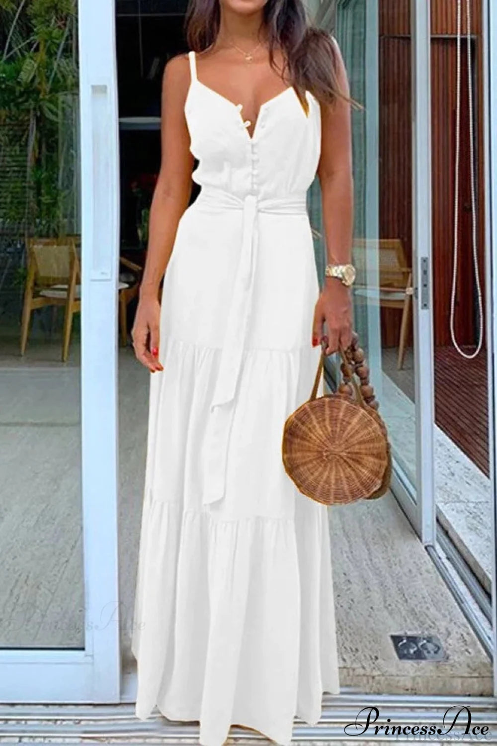 Spaghetti Strap Button Bandage Maxi Dress S / White Causal Yellow Maxi Dress