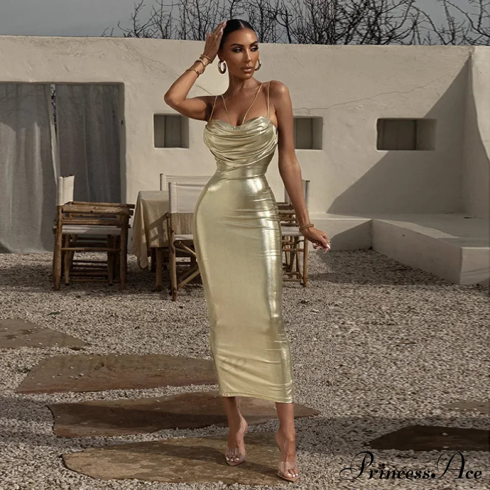 Spaghetti Strap Gold Midi Fashion Wrap Chest Slim Backless 2024 Summer Party Club Bodycon Dress