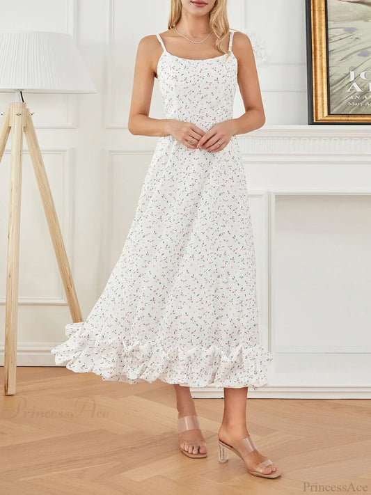 Spaghetti Strap Ruffled Long Sweet Sling Bubble Hem A-line Floral Dress WHITE / S floraldress-250126