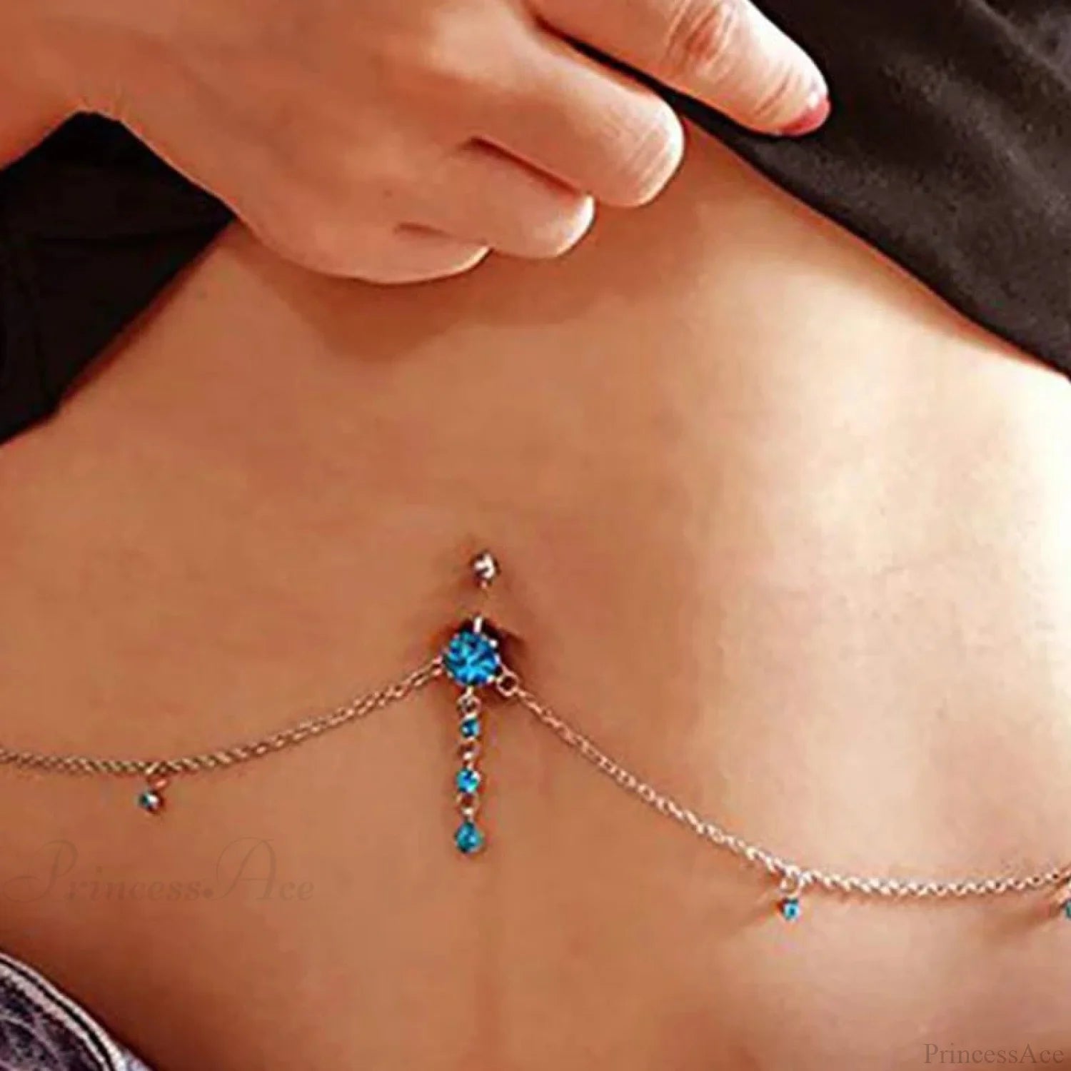 Sparkling Chain Gothic Dangle Belly Ring Blue