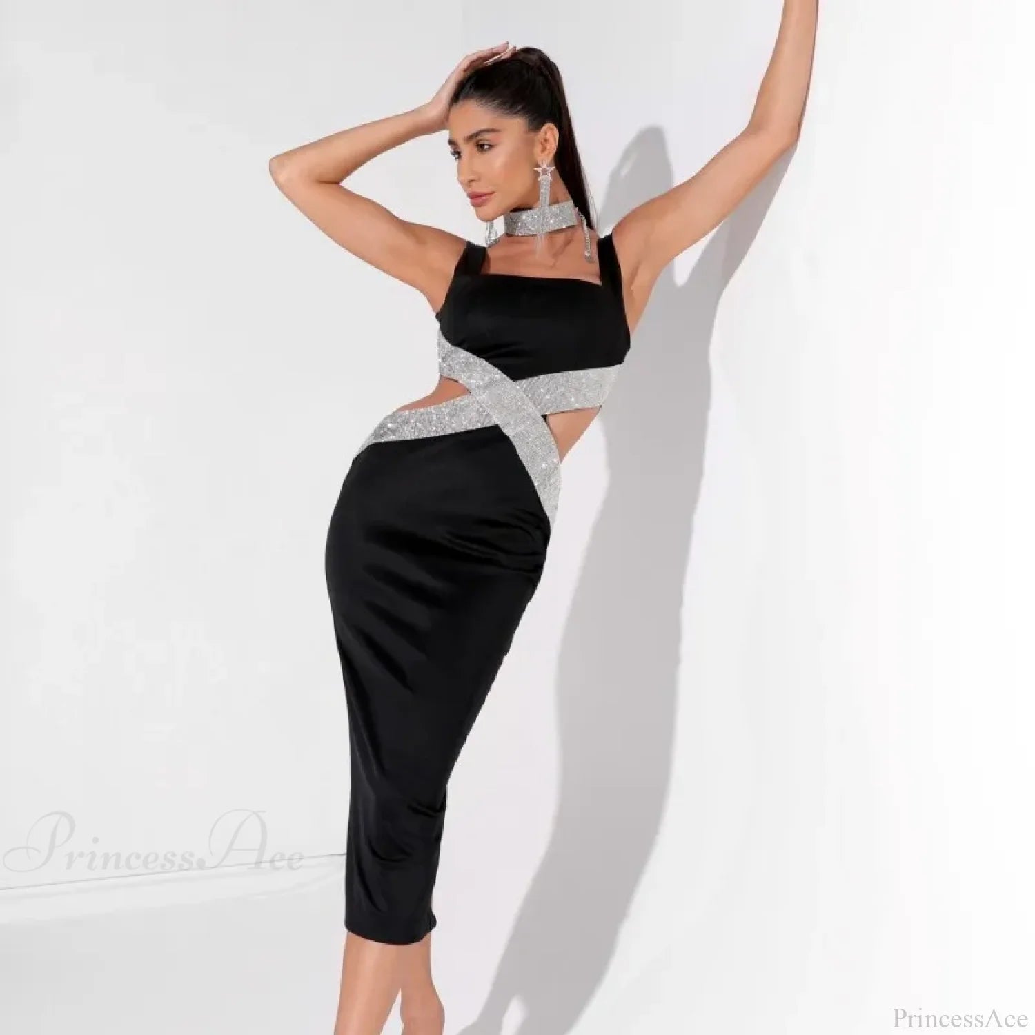 Sparkling Diamonds Midi Party Dress Black / S Partydress-241208