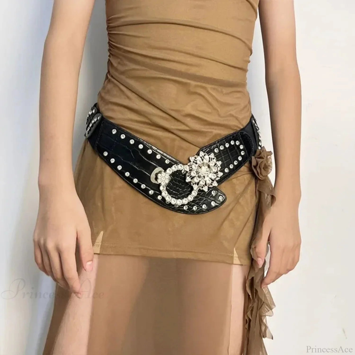 Sparkling Gothic Blossom Rebel Metal Belt Black / 5X88cm