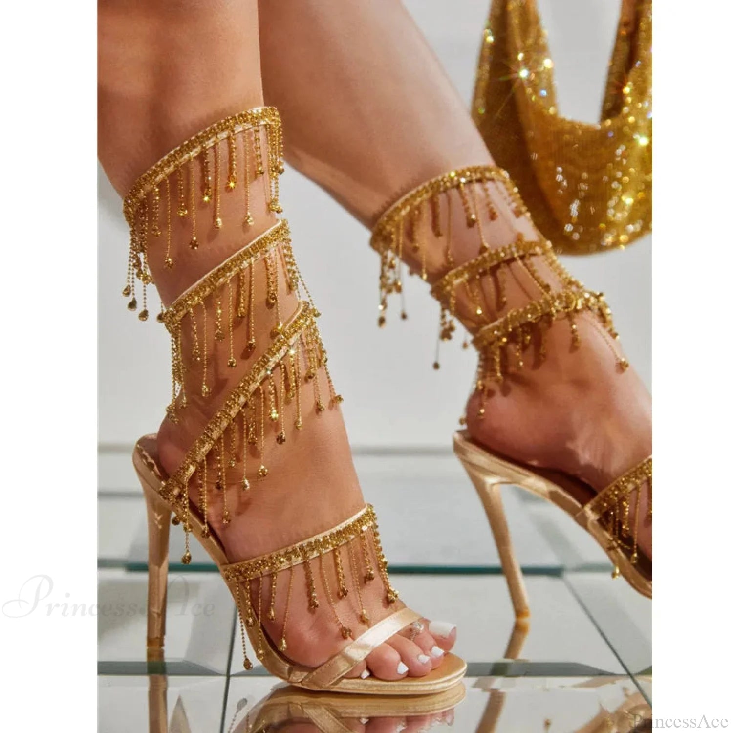 Sparkling Gothic Gilded Crystal Gladiator Sandals Tall Heel Gold / 35