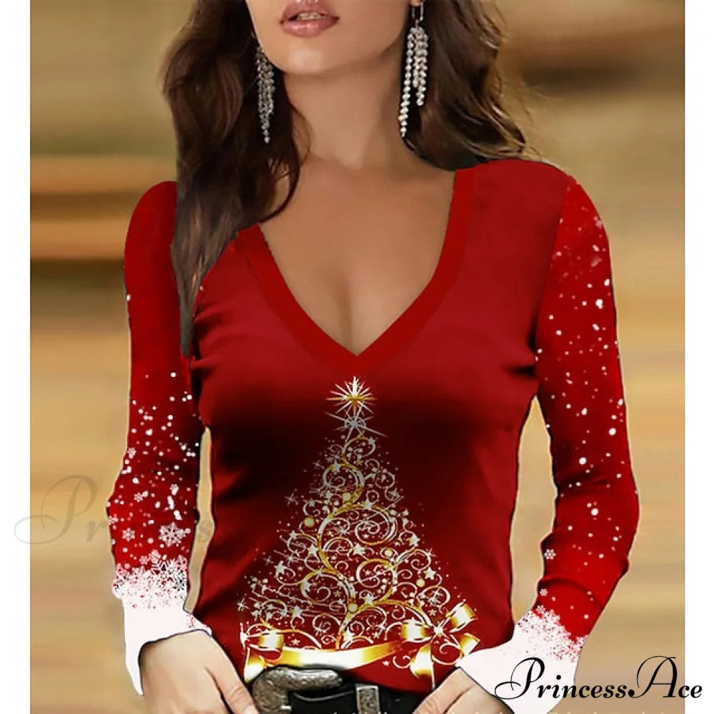 Sparkly 3D Painting Shirt Green Wine / Christmas Regular T Weekend Design V Fuchsia Tee Women’s