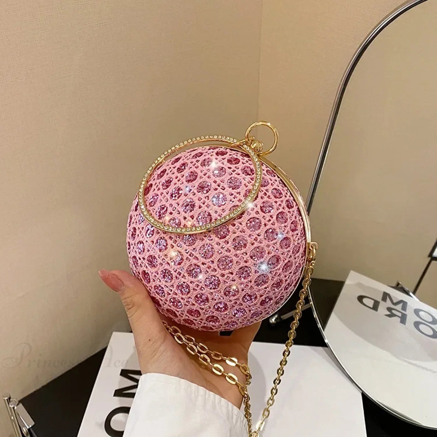 Sparkly Round Shiny Diamond Evening Shoulder Clutch Bag Pink clutchbag-250126