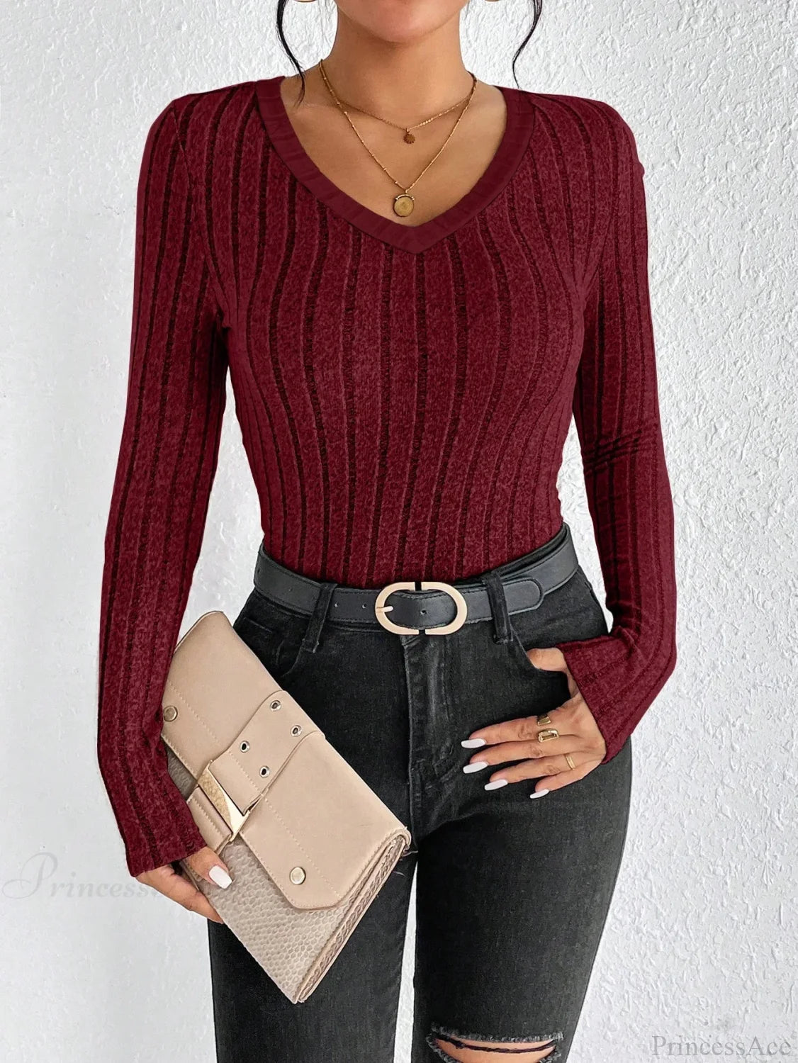 Spice Girl Sexy Thin V-Neck Design Personality T-shirt Women wine red / XS knittop-250126