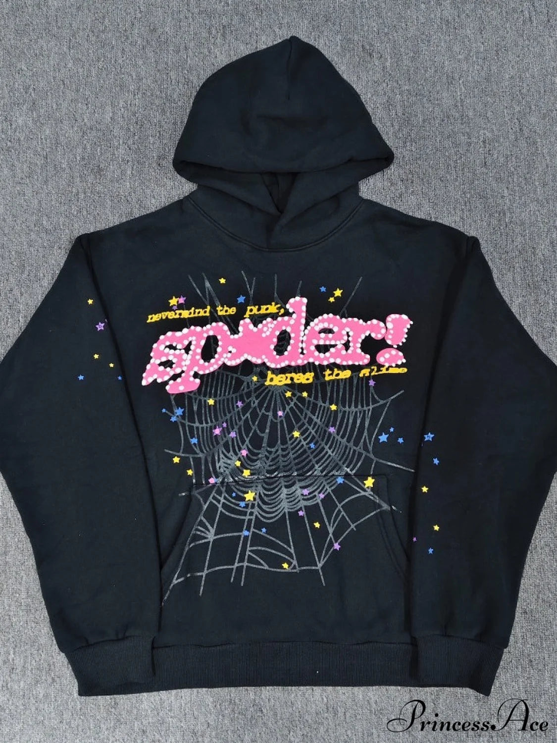 Spider Web Letter Print Fleece Cotton Thick Hoodie S / Black