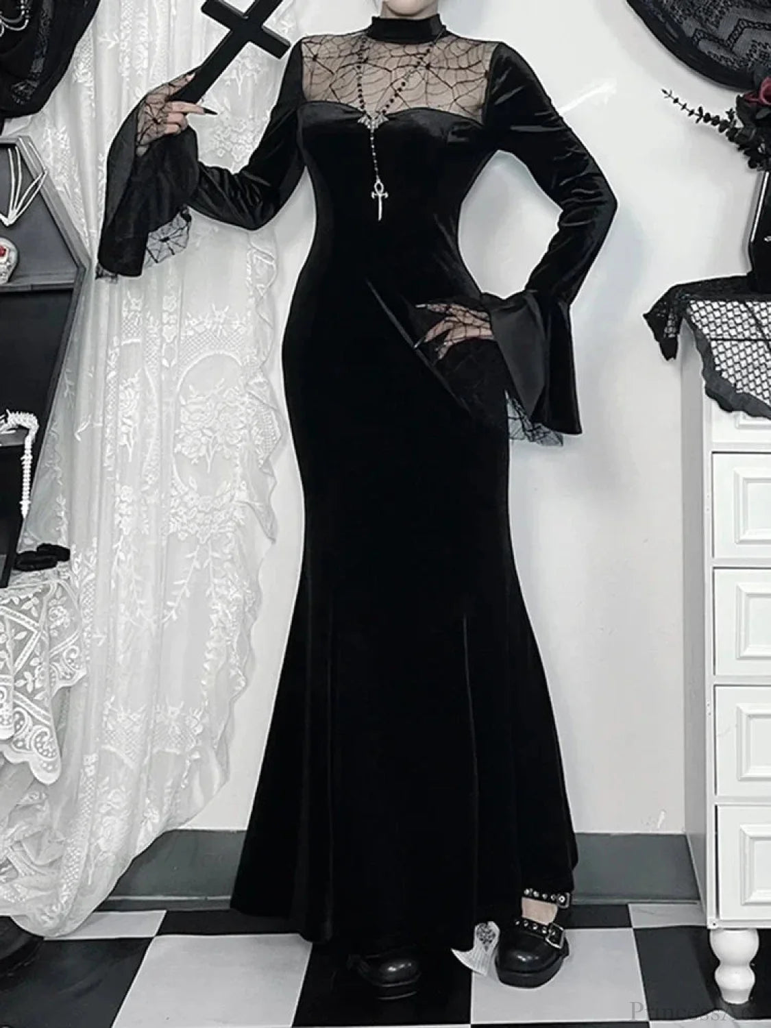 Spider Web Mesh Patchwork Long Dress Black / S