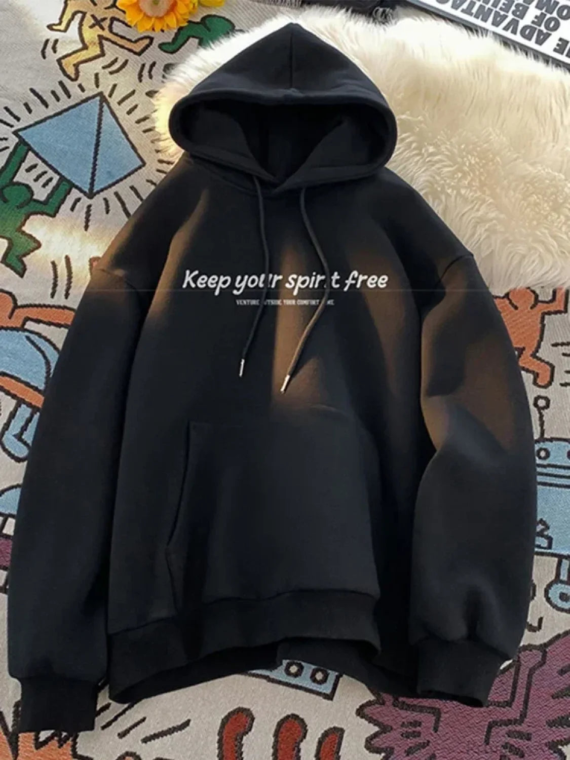 Spirit Free Letter Printed Hoodie Black / M(40-45KG)