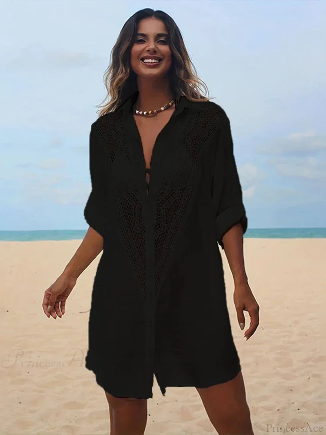 Spliced Lace Turn-Down Collar Cover Up