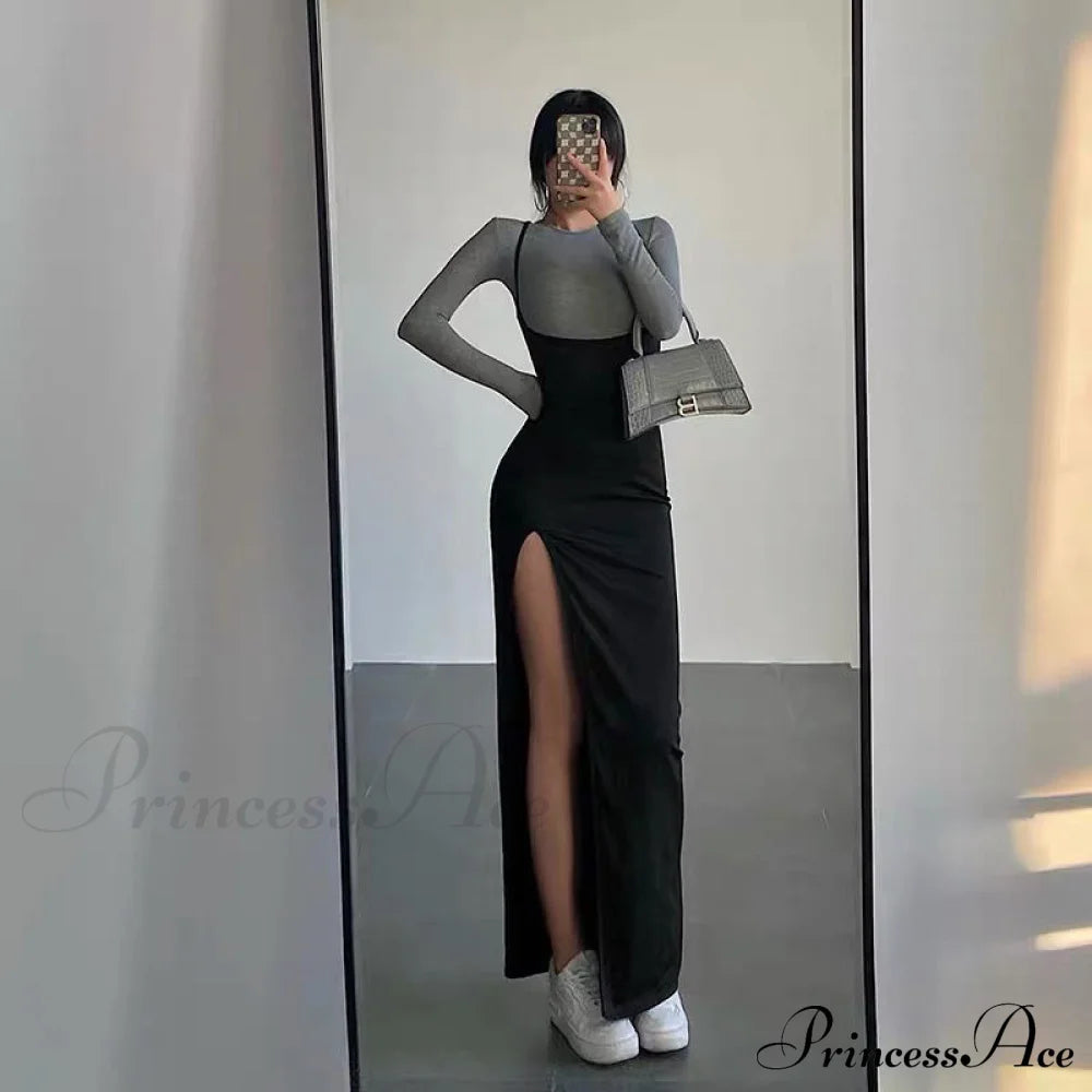 Split Gown Slim Set Women Piece Two T-Shirt Design Suit Long Arm Y2K