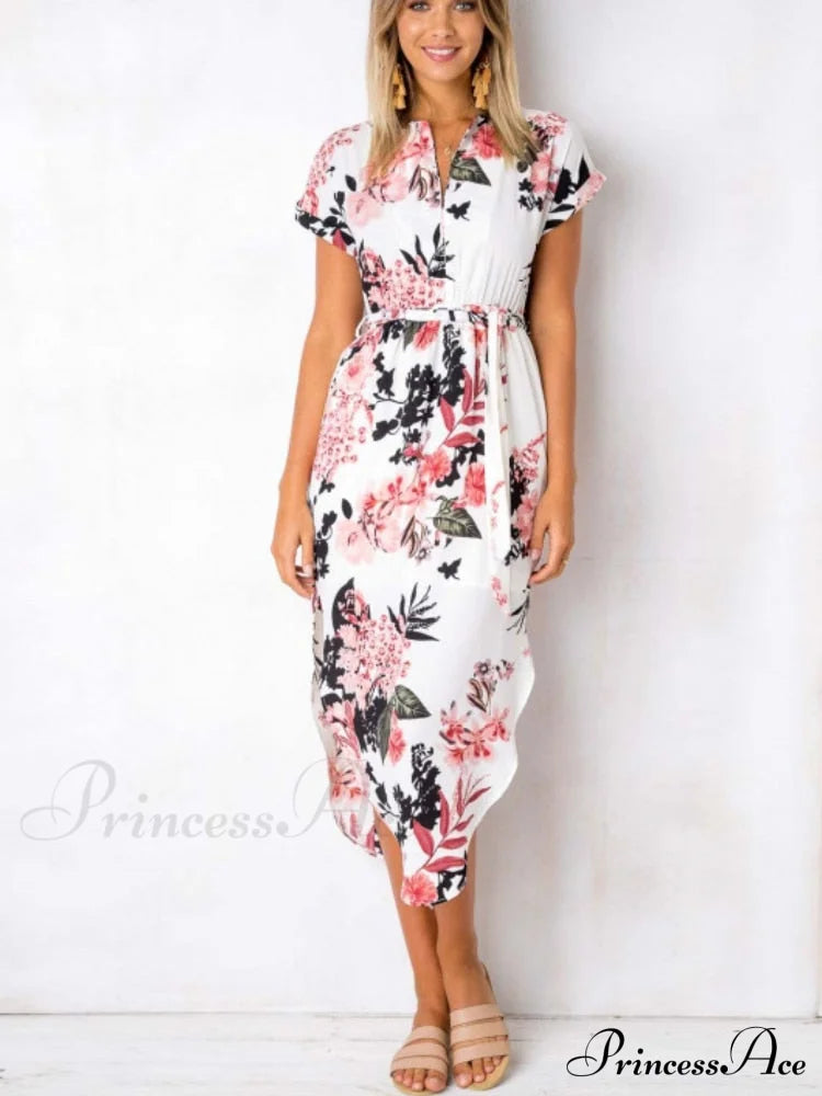 Split Women Party Flowered Midi Ruffles Bohemian V-Neck Casual Gown Design Wrap Warm-Season Sexy