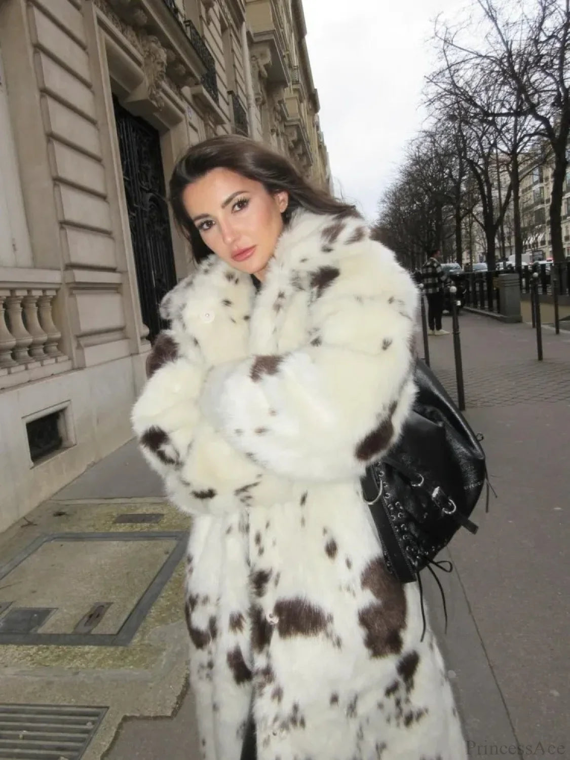 Spotted Leopard Suit Collar Fluffy Coat white / XS