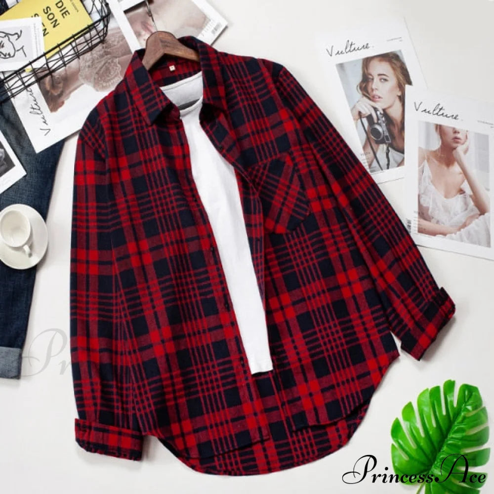 Spring Autumn Checked Blouses Loose Outwear Shirts Arm Long Casual Womens Tops Plaid News Xl / 13