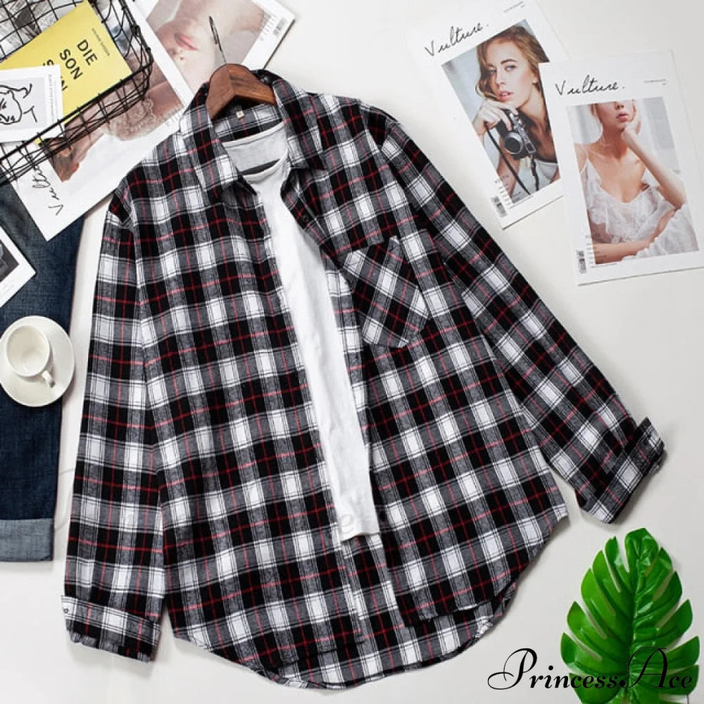 Spring Autumn Checked Blouses Loose Outwear Shirts Arm Long Casual Womens Tops Plaid News Xxl / 12