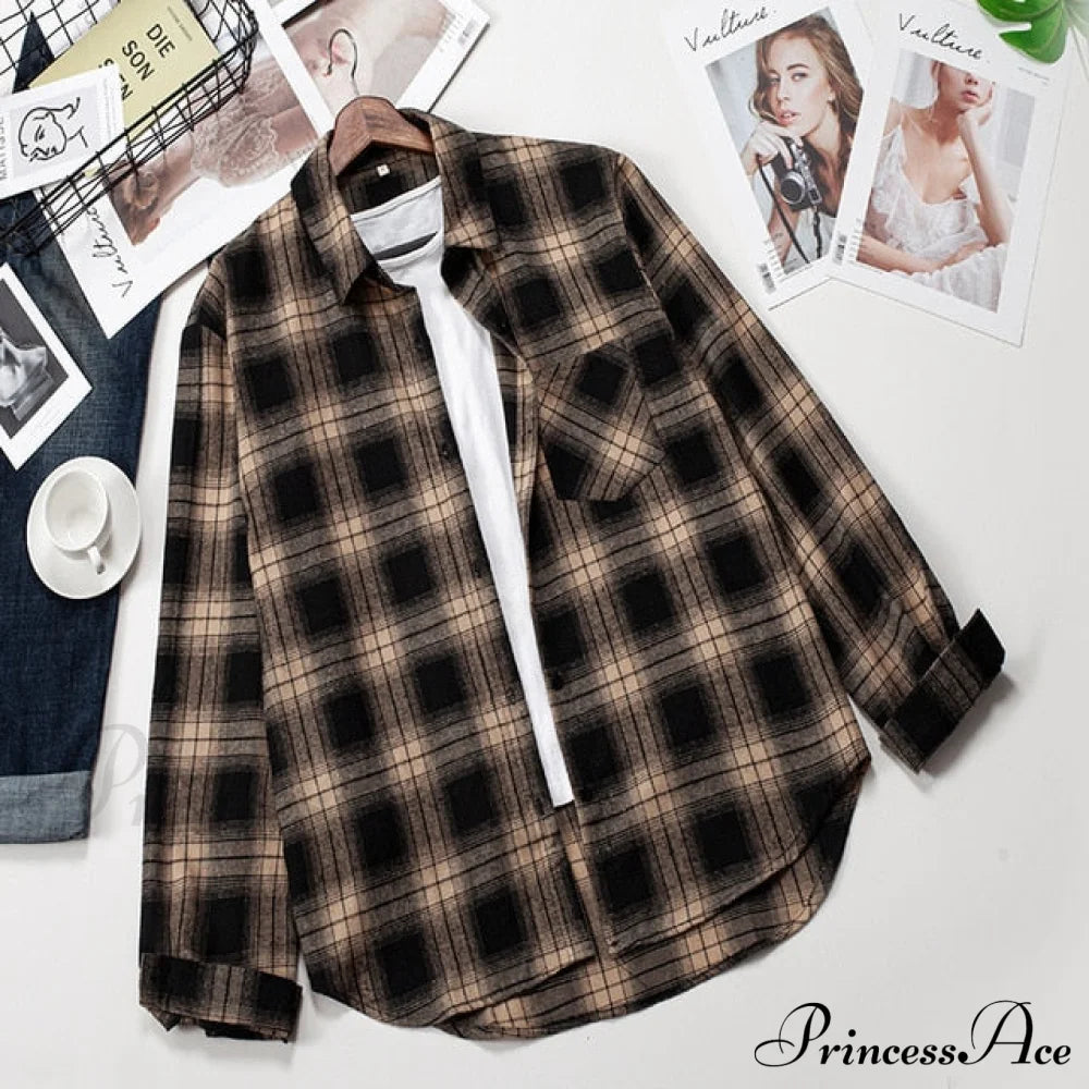 Spring Autumn Checked Blouses Loose Outwear Shirts Arm Long Casual Womens Tops Plaid News Xxl / 15