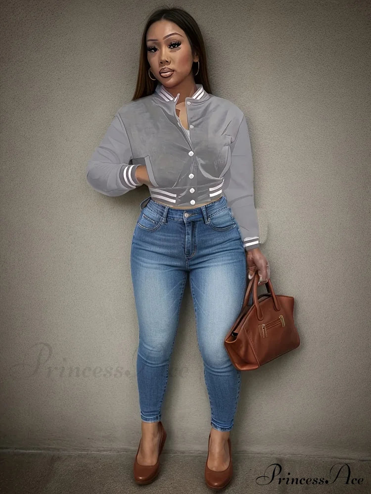 Spring Autumn European Pure Color Single-Breasted Baseball Stylish Coat Gray / S Coats-L