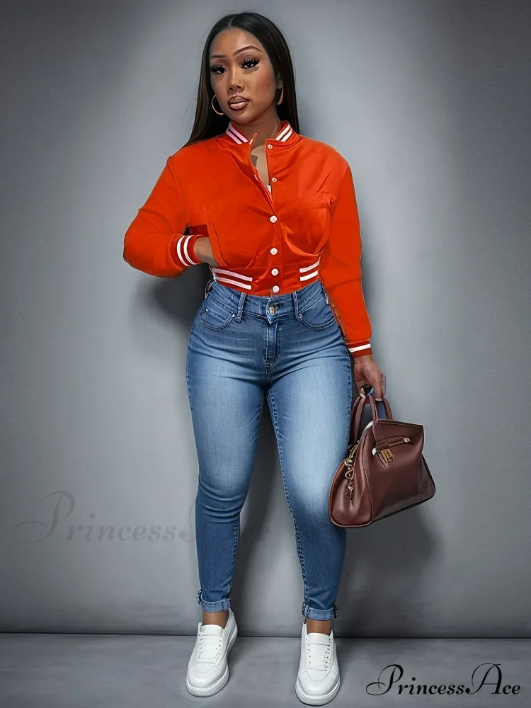 Spring Autumn European Pure Color Single-Breasted Baseball Stylish Coat Orange / S Coats-L