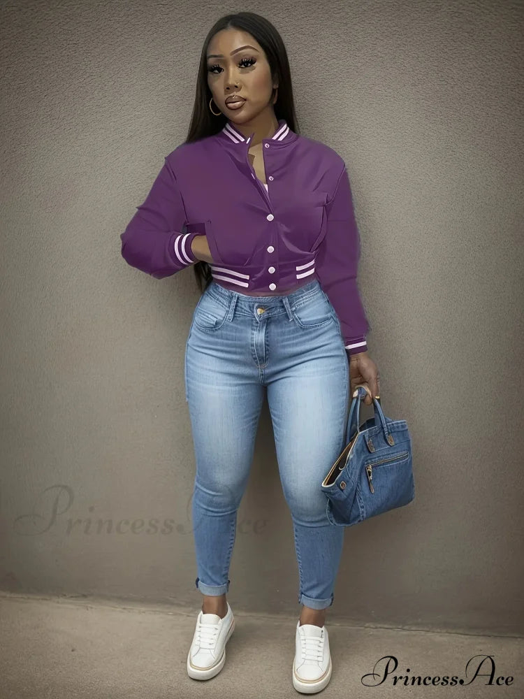 Spring Autumn European Pure Color Single-Breasted Baseball Stylish Coat Purple / S Coats-L