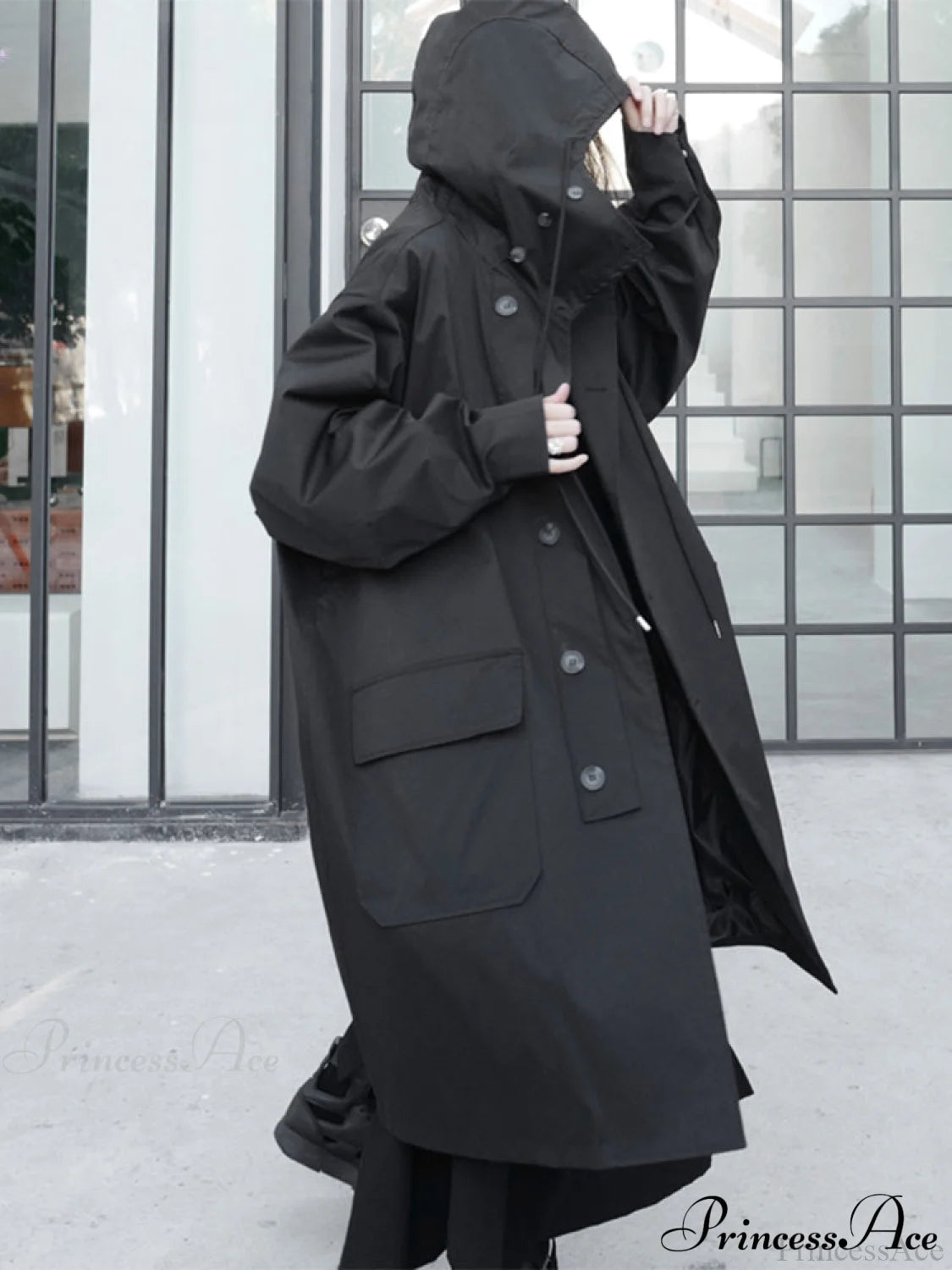 Spring Autumn Long Oversized Black Hood Dark Aesthetic Luxury Designer Stylish Coat