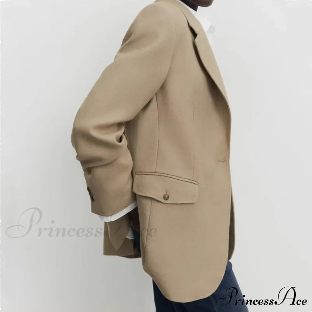 Spring Autumn One Button Bf Boyfriend Vintage Long Sleeve Khaki Blazer