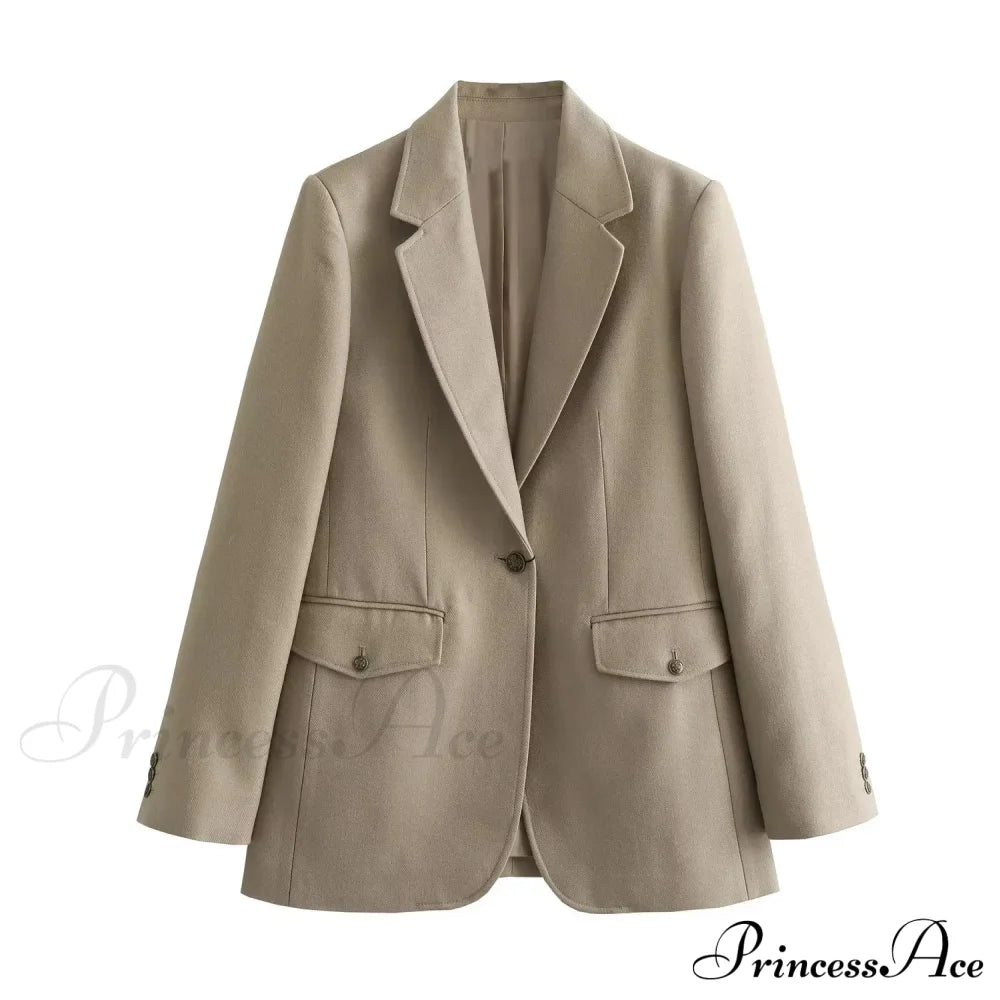 Spring Autumn One Button Bf Boyfriend Vintage Long Sleeve Khaki Blazer / S