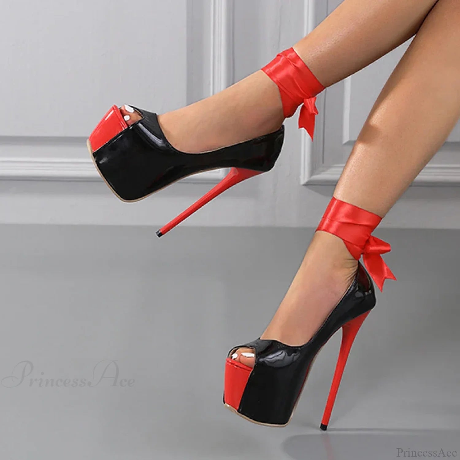 Spring Autumn Red Ankle-Strap Platform Pumps Sexy Peep-Toe Slingback Stiletto Runway High Heel