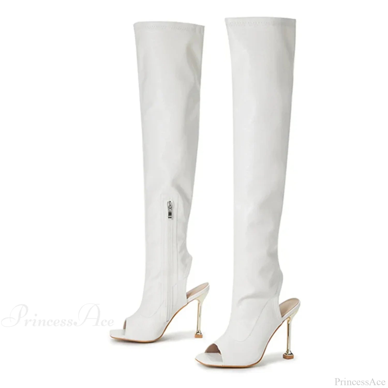 Spring Autumn Sexy Zip Metal Thin-Heels Open-Toe Leather Thigh-High Over-The-Knee Boots Stripper