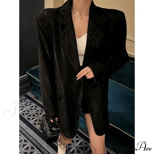 Spring Autumn Silver Sequin Oversized Office Lady Elegant Party Blazer Black / Xl