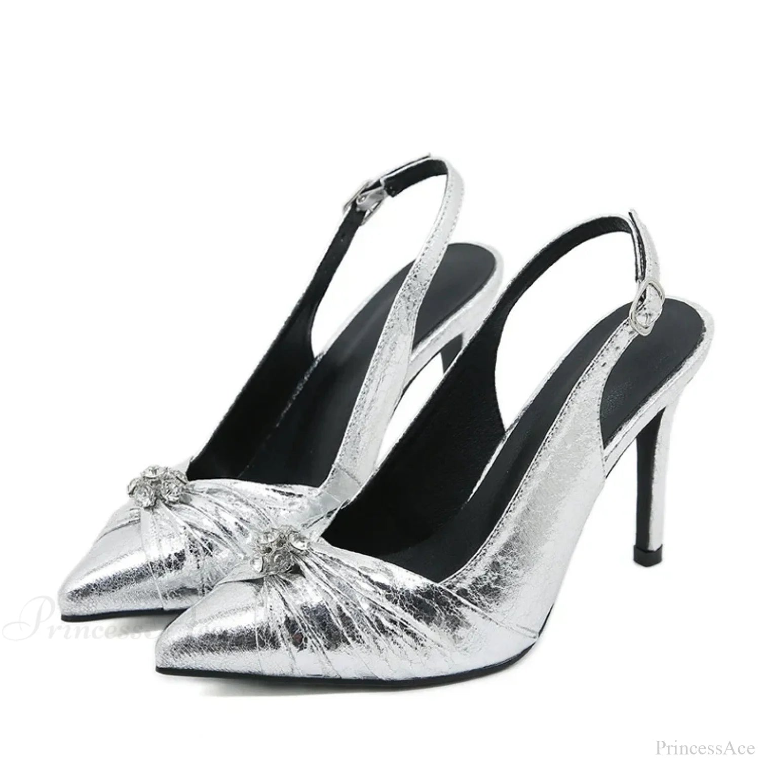 2024 Spring Shoes Pumps Pleated Pointed-Toe Silver High-Heels Sexy Back-Buckle Strap Stiletto High