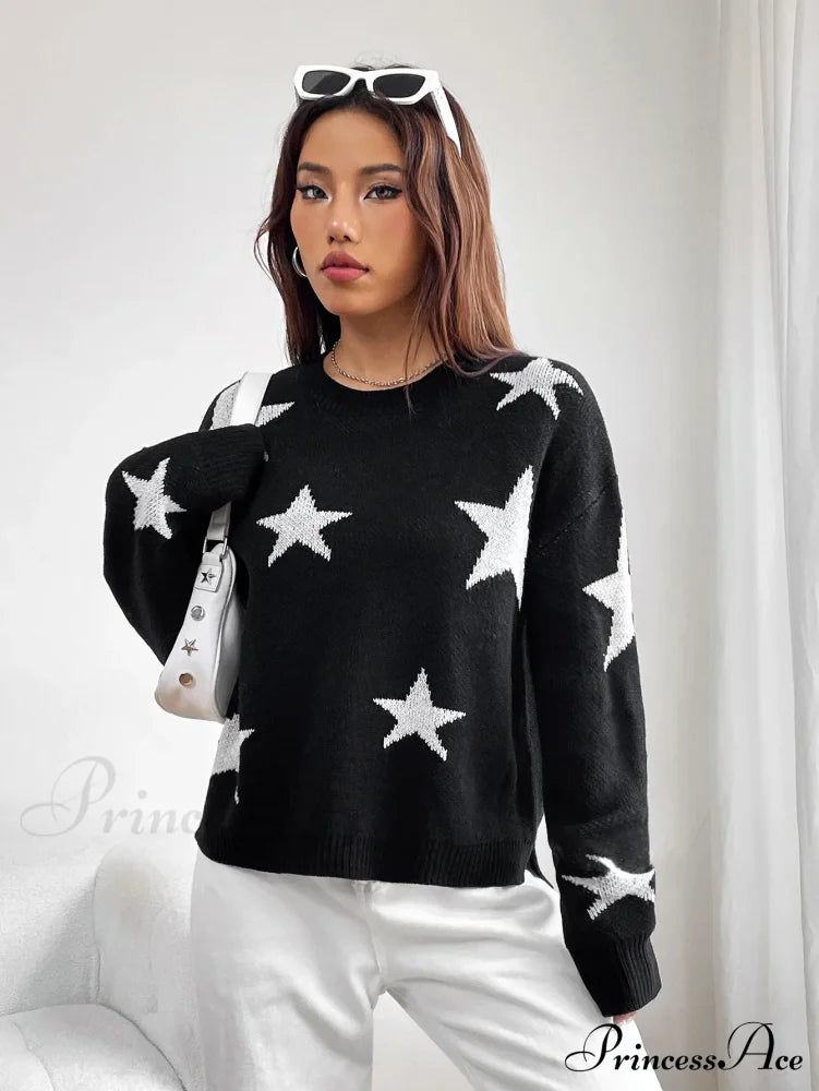 Spring Stylish Colorful Contrast Starry Cozy Comfortable Loose Long-Sleeved Warm Sweater Sweaters-L