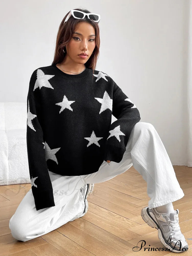 Spring Stylish Colorful Contrast Starry Cozy Comfortable Loose Long-Sleeved Warm Sweater Sweaters-L