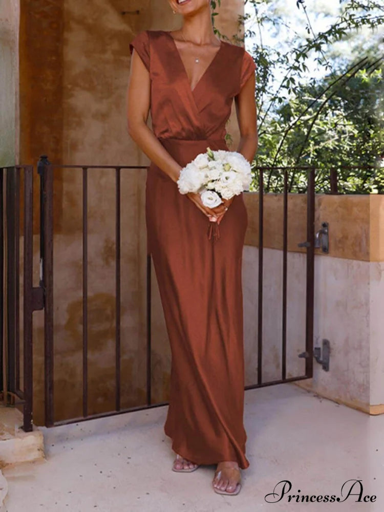Spring/Summer Satin Solid Color Graceful V-Neck Fishtail Party Dress Brown / S Dresses