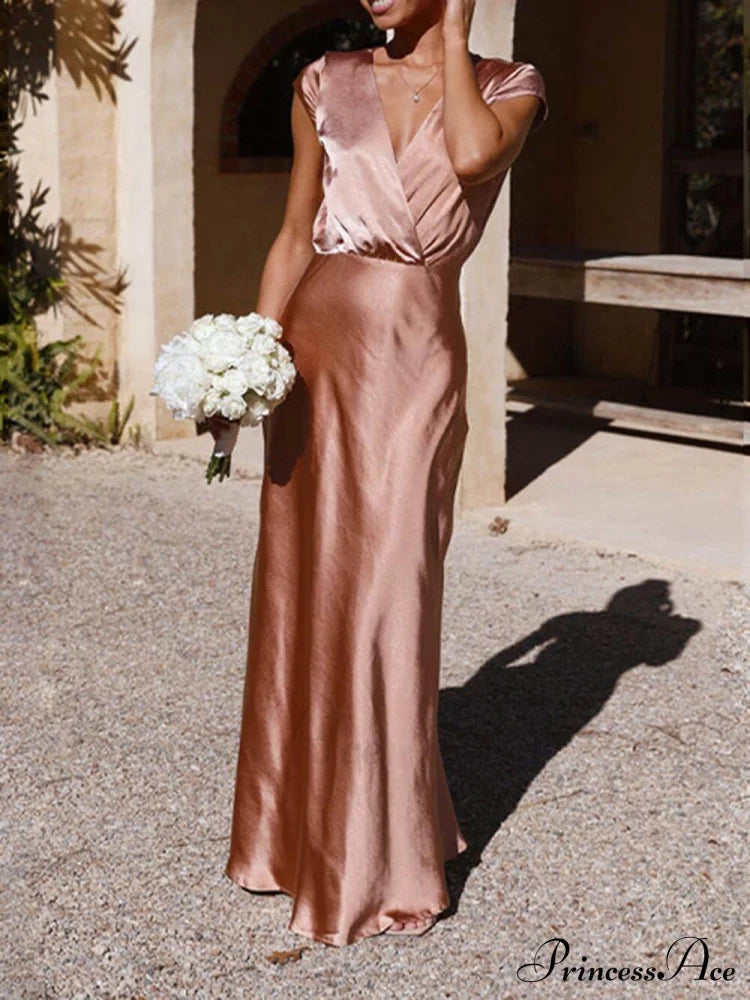 Spring/Summer Satin Solid Color Graceful V-Neck Fishtail Party Dress Dresses